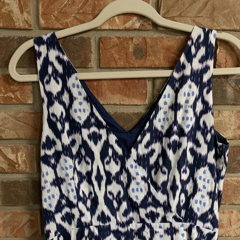 Gap 100% Linen Sleeveless V-neck Fit & Flare Ikat Blue White Mini Dress Size 4